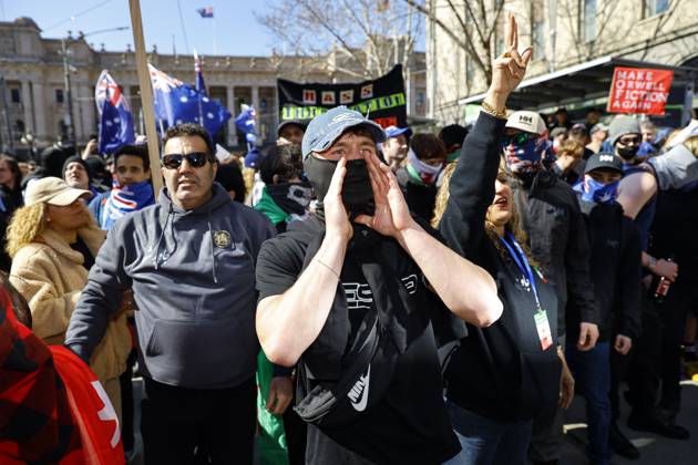 August 30, 2026, Melbourne, Victoria State, Australia: Far-right activists chant slogans during a far right March for Australia anti-immigration rally..Hundreds of supporters of the far-right group March for Australia marched through Melbourneâ€⠢s CBD as part of a demonstration focused on freedom of speech and political expression, while counter-protesters gathered separately to oppose the march and its political messages. March for Australia organisers called for the repeal of laws they say restrict political communication, an end to government censorship and constitutional protection for freedom of speech. Melbourne Australia - ZUMAs197 20260830_aaa_s197_039 Copyright: xYexMyoxKhantx