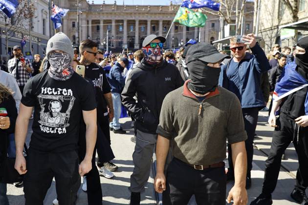 August 30, 2026, Melbourne, Victoria State, Australia: Far-right activists chant slogans during a far right March for Australia anti-immigration rally..Hundreds of supporters of the far-right group March for Australia marched through Melbourneâ€⠢s CBD as part of a demonstration focused on freedom of speech and political expression, while counter-protesters gathered separately to oppose the march and its political messages. March for Australia organisers called for the repeal of laws they say restrict political communication, an end to government censorship and constitutional protection for freedom of speech. Melbourne Australia - ZUMAs197 20260830_aaa_s197_047 Copyright: xYexMyoxKhantx