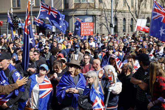 August 30, 2026, Melbourne, Victoria State, Australia: Flags and banners fill Melbourneâ€⠢s streets as far-right activists march through the CBD..Hundreds of supporters of the far-right group March for Australia marched through Melbourneâ€⠢s CBD as part of a demonstration focused on freedom of speech and political expression, while counter-protesters gathered separately to oppose the march and its political messages. March for Australia organisers called for the repeal of laws they say restrict political communication, an end to government censorship and constitutional protection for freedom of speech. Melbourne Australia - ZUMAs197 20260830_aaa_s197_048 Copyright: xYexMyoxKhantx