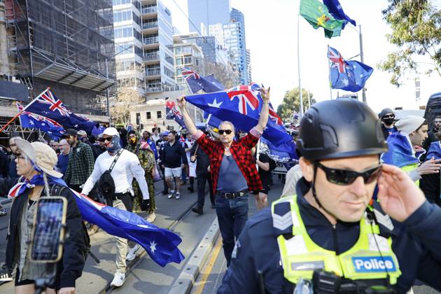 August 30, 2026, Melbourne, Victoria State, Australia: Far-right activists marched through the streets of Melbourne during the rally..Hundreds of supporters of the far-right group March for Australia marched through Melbourneâ€⠢s CBD as part of a demonstration focused on freedom of speech and political expression, while counter-protesters gathered separately to oppose the march and its political messages. March for Australia organisers called for the repeal of laws they say restrict political communication, an end to government censorship and constitutional protection for freedom of speech. Melbourne Australia - ZUMAs197 20260830_aaa_s197_051 Copyright: xYexMyoxKhantx