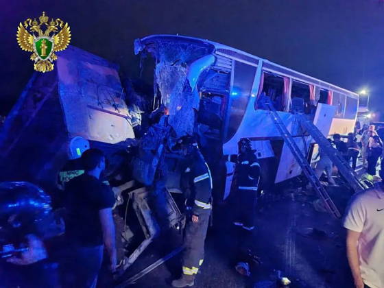 RUSSIA, STAVROPOL REGION - AUGUST 30, 2026: The scene of a road collision involving a pasenger bus. Stavropol Region Prosecutor s Office  96831079