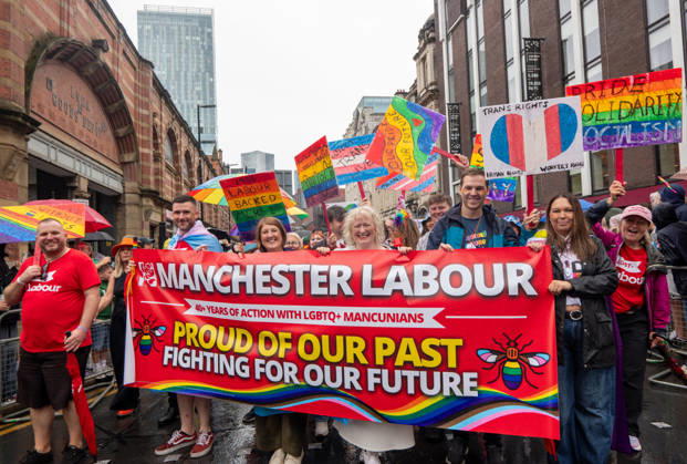 August 29, 2026, Manchester, United Kingdom: Manchester Labour pride group joins the pride parade. Revelers refused to let a heavy downpour dampen their spirits as the annual parade makes its way through the city centre. Despite the torrential rain, the LGBTQ+ community and supporters partied anyway, filling the streets with vibrant colour, music, and joy. The festival has been officially renamed Manchester Village Pride this year, marking a new community-led chapter after the voluntary liquidation and financial collapse of the former organizing company last autumn. Taking part in the celebrations, the newly elected Mayor of Greater Manchester, Bev Craig, actively engaged with parade participants and cheering crowds along the route through  - ZUMAs197 20260829_aaa_s197_372 Copyright: xGaryxRobertsx
