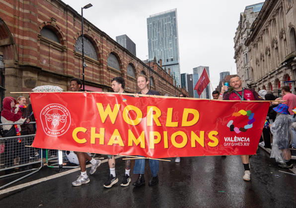 August 29, 2026, Manchester, United Kingdom: Manchester United pride group marches during the pride parade. Revelers refused to let a heavy downpour dampen their spirits as the annual parade makes its way through the city centre. Despite the torrential rain, the LGBTQ+ community and supporters partied anyway, filling the streets with vibrant colour, music, and joy. The festival has been officially renamed Manchester Village Pride this year, marking a new community-led chapter after the voluntary liquidation and financial collapse of the former organizing company last autumn. Taking part in the celebrations, the newly elected Mayor of Greater Manchester, Bev Craig, actively engaged with parade participants and cheering crowds along the route  - ZUMAs197 20260829_aaa_s197_375 Copyright: xGaryxRobertsx