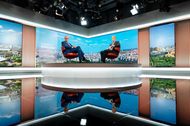 ARD-Sommerinterview, Bundeskanzler, Friedrich Merz Berlin, ARD-Sommerinterview, Bundeskanzler, Friedrich Merz, CDU, Moderator, Markus Preiß, ARD-Hauptstadtstudio Berlin Berlin GER