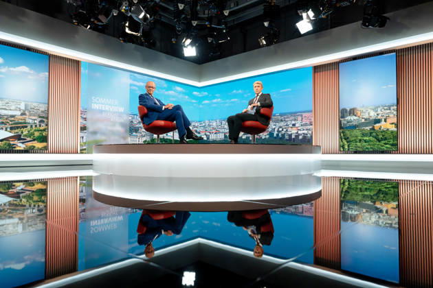 ARD-Sommerinterview, Bundeskanzler, Friedrich Merz Berlin, ARD-Sommerinterview, Bundeskanzler, Friedrich Merz, CDU, Moderator, Markus Preiß, ARD-Hauptstadtstudio Berlin Berlin GER