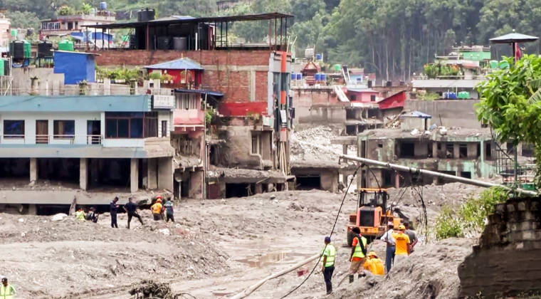 RECORD DATE NOT STATED Debris Clearance Underway in Flood-Damaged Residential Area in Nuwakot Nuwakot Nepal , Aug 30 (ANI): Debris being cleared from a residential area damaged by a devastating flood, with heavy machinery including excavators and trucks deployed for ongoing cleanup operations at Trishuli, in Nuwakot on Sunday. (ANI Video Grab) Nuwakot Nepal Copyright: xANIx ANI_20260830171