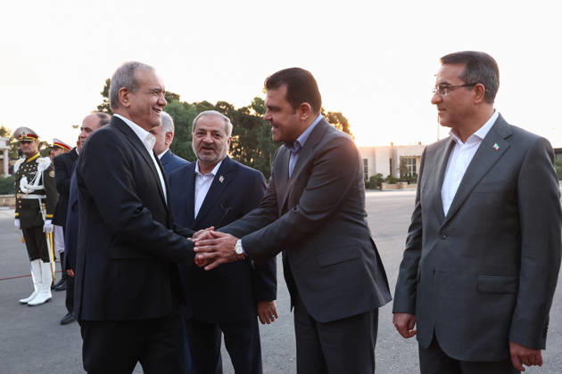 August 31, 2026, Tehran, Iran: Iranian President Masoud Pezeshkian departs Tehran, Iran, for Bishkek, Kyrgyzstan, on August 31, 2026, to attend the Shanghai Cooperation Organisation summit. Pezeshkian later arrived at Manas International Airport, where he was welcomed by Kyrgyz Cabinet Chairman Adylbek Kasymaliev. The SCO Council of Heads of State meeting is scheduled for September 1 in Bishkek, alongside an SCO Plus summit attended by leaders and representatives from member states and invited countries. Tehran Iran - ZUMAi98_ 20260831_zih_i98_012 Copyright: xIranianxPresidencyx