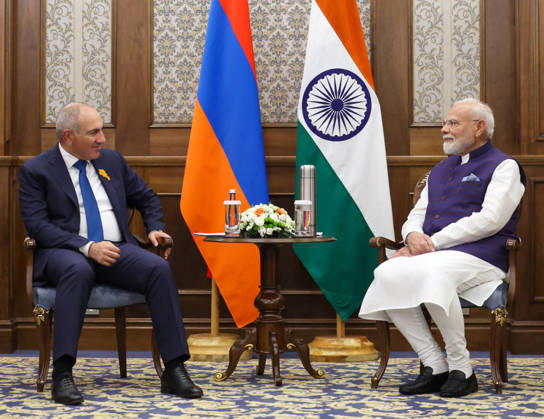 Indian Prime Minister Modi meets Armenian counterpart Nikol Pashinyan on sidelines of SCO Summit BISHKEK, KYRGYZSTAN - AUGUST 31: (----EDITORIAL USE ONLY MANDATORY CREDIT - PRESS INFORMATION BUREAU OF INDIA HANDOUT - NO MARKETING NO ADVERTISING CAMPAIGNS - DISTRIBUTED AS A SERVICE TO CLIENTS----) Indian Prime Minister Narendra Modi (L) holds a bilateral meeting with Armenian Prime Minister Nikol Pashinyan (R) on the sidelines of the Shanghai Cooperation Organization (SCO) Summit in Bishkek, Kyrgyzstan, on August 31, 2026. Press Information Bureau (PIB) of India Handout Anadolu Bishkek Kyrgyzstan. Editorial use only. Please get in touch for any other usage.  Copyright: x2026xAnadoluxPressxInformationxBureaux(PIB)xofxIndia Handoutx