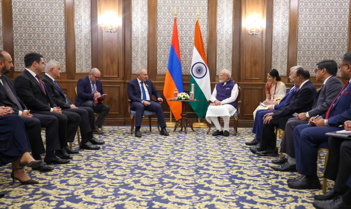 Indian Prime Minister Modi meets Armenian counterpart Nikol Pashinyan on sidelines of SCO Summit BISHKEK, KYRGYZSTAN - AUGUST 31: (----EDITORIAL USE ONLY MANDATORY CREDIT - PRESS INFORMATION BUREAU OF INDIA HANDOUT - NO MARKETING NO ADVERTISING CAMPAIGNS - DISTRIBUTED AS A SERVICE TO CLIENTS----) Indian Prime Minister Narendra Modi (5th R) holds a bilateral meeting with Armenian Prime Minister Nikol Pashinyan (5th L) on the sidelines of the Shanghai Cooperation Organization (SCO) Summit in Bishkek, Kyrgyzstan, on August 31, 2026. Press Information Bureau (PIB) of India Handout Anadolu Bishkek Kyrgyzstan. Editorial use only. Please get in touch for any other usage.  Copyright: x2026xAnadoluxPressxInformationxBureaux(PIB)xofxIndia Handoutx