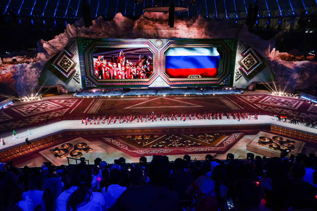 KYRGYZSTAN, BISHKEK - AUGUST 31, 2026: A team of athletes represents Russia during a ceremony to open the 2026 World Nomad Games at Bishkek Arena. Kirill Kukhmar TASS  96910227