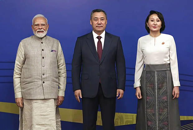 RECORD DATE NOT STATED PM Modi at the official opening ceremony of the VI World Nomad Games Bishkek Kyrgyzstan , Aug 31 (ANI): Prime Minister Narendra Modi poses for a photo with Kyrgyz President Sadyr Japarov and his wife Aigul before the official opening ceremony of the VI World Nomad Games at Bishkek Arena, in Bishkek on Monday. (DD ANI Video Grab) Bishkek Kyrgyzstan Copyright: xANIx ANI_20260831457