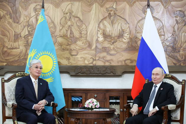 KYRGYZSTAN, BISHKEK - AUGUST 31, 2026: Kassym-Jomart Tokayev (L), President of Kazakhstan, and his counterpart Vladimir Putin of Russia hold a meeting on the sidelines of the 2026 SCO Summit. Peter Kovalev TASS  96913405