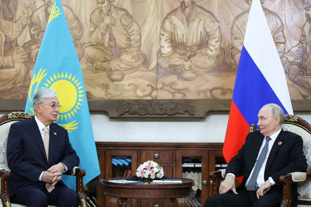 KYRGYZSTAN, BISHKEK - AUGUST 31, 2026: Kassym-Jomart Tokayev (L), President of Kazakhstan, and his counterpart Vladimir Putin of Russia hold a meeting on the sidelines of the 2026 SCO Summit. Peter Kovalev TASS  96913571
