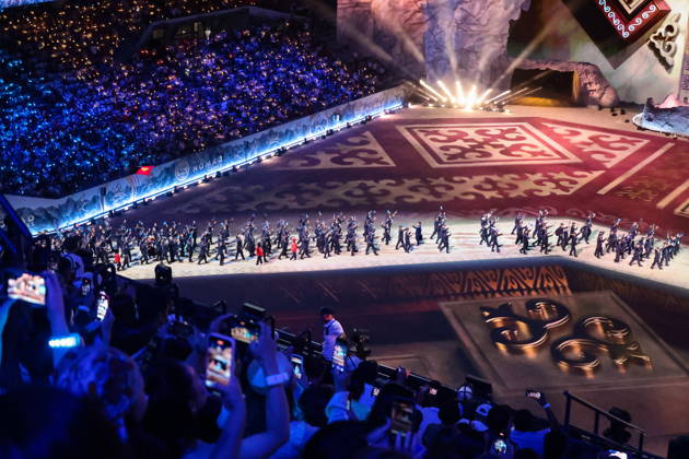 KYRGYZSTAN, BISHKEK - AUGUST 31, 2026: A team of athletes represents Kazakhstan during a ceremony to open the 2026 World Nomad Games at Bishkek Arena Bishkek Kyrgyzstan  - ZUMAt113 20260831_zaa_t113_408 Copyright: xKirillxKukhmarx