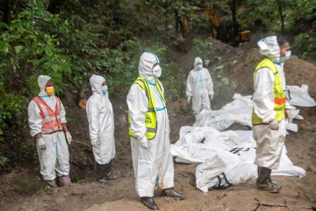 September 1, 2026, Kathmandu, Nepal: Bodies of unidentified victims wrapped in shrouds lie at a temporary burial trench in Gokarna, Kathmandu. Emergency teams collected DNA samples and forensic records prior to interment to assist family identification efforts later. Kathmandu Nepal - ZUMAs197 20260901_aaa_s197_254 Copyright: xAmitxShuklax