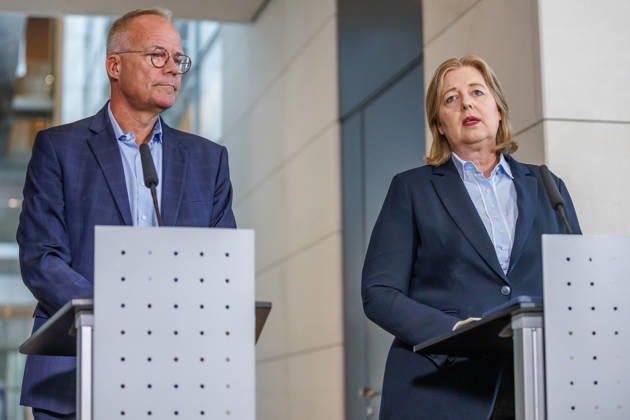 Abschlussstatement der SPD Matthias Miersch (SPD) Vorsitzender und Baerbel Bas (SPD), Bundesministerin fuer Arbeit und Soziales, bei einem Abschlussstatement am 04.09.26 in Berlin. Berlin Berlin Deutschland Reichstag