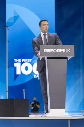 4 September 2026 Jordan Bardella delivers keynote speech at Reform UK Conference 4 September 2026, Birmingham, UK: Jordan Bardella, President of National Rally, delivers a keynote speech on the main stage during the Reform UK National Conference 2026 at the NEC Birmingham. Bardella addresses delegates during the first day of the conference, bringing an international political dimension to the Reform UK event., Credit:Abdullah Bailey Anthony Bailey - B2421 Avalon  Copyright: xAbdullahxBaileyx xAnthonyxBaileyx-xB2421x xAvalonx 1130998931
