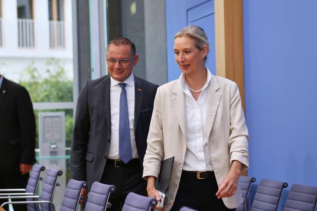 Berlin, Deutschland, 07.09.2026: Bundespressekonferenz: AfD - Auswirkungen der Landtagswahl in Sachsen-Anhalt auf die Bundespolitik: Tino Chrupalla, Bundessprecher der AfD und Co-Vorsitzender der AfD-Fraktion im Deutschen Bundestag, und Alice Weidel, Bundessprecherin der AfD und Co-Vorsitzende der AfD-Fraktion im Deutschen Bundestag Copyright: xdtsxNachrichtenagenturx dts_133034