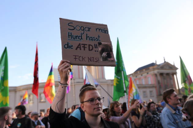 Eine Demonstrantin mit Schild Sogar mein Hund hasst die AfD! FCK NZS! während einer Kundgebung gegen die Partei Alternative für Deutschland AfD nach deren Wahlsieg bei der Landtagswahl in Sachsen-Anhalt, Alter Markt, Potsdam, 7. September 2026. Kundgebung gegen AfD in Potsdam