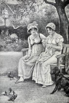 RECORD DATE NOT STATED Engraving of Jane Austen and her sister Cassandra Engraving of Jane Austen and her sister Cassandra doing needlework in the rectory garden. Dated 1810 Editorial use only. All other uses to be cleared with the copyright owner (World History Archive), in advance., WHA_052_0926.jpg, Jane Austen; Cassandra Austen; needlework; embroidery; sisters; women; historical; 1810; engraving; rectory garden; Regency era; British literature; authors; famous siblings; Regency fashion; Regency society; British culture; literary figures; female writers; Regency England; Austen family; Regency lifestyle; Regency period; Regency artwork; Regency style; Regency portrait; Regency women; Regency activities; Regency pastimes; Regency leisure. Copyright: xWorldxHistoryxArchivex