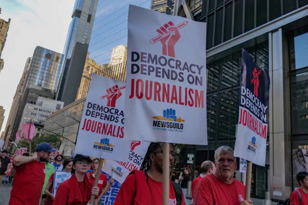 September 8, 2026, New York, New York, USA: Newsguild members honoring the Workers of September 11 2001 Union workers by the thousands marched up.Church Street to Foley Square with the theme Our City, Our Fight, Our Future in Lower Manhattan..Marking the 25th anniversary of the terror attack they remembered the workers who ran toward danger and helped NYC.recover and rebuild paying an enormous price in the years that followed. The march for solidarity demonstrated the strength, .solidarity and power of working people while standing up for the rights, freedoms and future of all New Yorkers. New York USA  - ZUMAh156 20260908_znp_h156_007 Copyright: xMiloxHessx