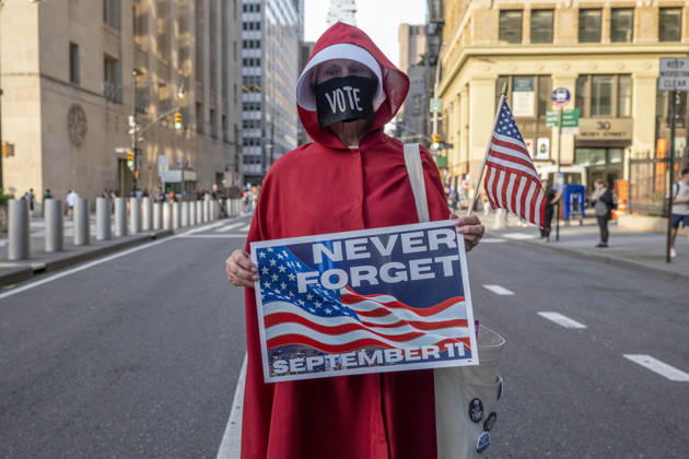September 8, 2026, New York, New York, USA: Handmaiden honoring the Workers of September 11 2001 .Union workers by the thousands marched up.Church Street to Foley Square with the theme Our City, Our Fight, Our Future in Lower Manhattan..Marking the 25th anniversary of the terror attack they remembered the workers who ran toward danger and helped NYC.recover and rebuild paying an enormous price in the years that followed. The march for solidarity demonstrated the strength, .solidarity and power of working people while standing up for the rights, freedoms and future of all New Yorkers. New York USA  - ZUMAh156 20260908_znp_h156_013 Copyright: xMiloxHessx