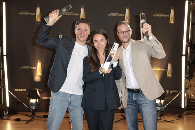 Eike Köhler, Kim Kristin Mauch und Björn Kurtenbach bei der Verleihung des Deutschen Fernsehpreises 2026 - Die Nacht der Kreativen in der Flora. Köln, 08.09.2026
