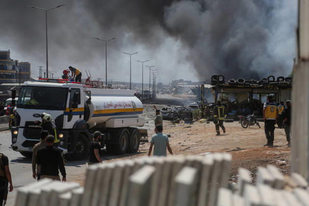 4 killed in explosion in Syria s Idlib province IDLIB, SYRIA - SEPTEMBER 09: Smoke rises after a powerful explosion, the cause of which has not yet been determined, at a warehouse where war remnant munitions were being collected near the Sarmada district of Idlib province in northwestern Syria on September 09, 2026. Police, ambulance, firefighting, and civil defense teams were dispatched to the area. Kasim Yusuf Anadolu Idlib Syria. Editorial use only. Please get in touch for any other usage.  Copyright: x2026xAnadoluxKasimxYusufx