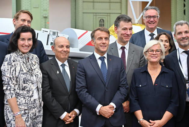 French President Emmanuel Macron, Eric Trappier, CEO of Dassault Aviation; Minister of Higher Education and Research Philippe Baptiste; and Minister of the Armed Forces Catherine Vautrin pose with government and industry representatives in front of a model of Dassault’s Vortex space vehicle project. E. Macron, President of the French Republic, during the International Space Summit on September 10, 2026, at the Grand Palais in Paris, on September 9, 2026. Nearly 1,100 companies from the space sector will also be present at the Grand Palais, demonstrating the exceptional mobilization of the global space ecosystem around this event, organized by France and Germany. The Summit will address all issues related to the development and innovation o Copyright: xChristianxLiewigx xBestimagexChristianxLiewigx xBestimagex