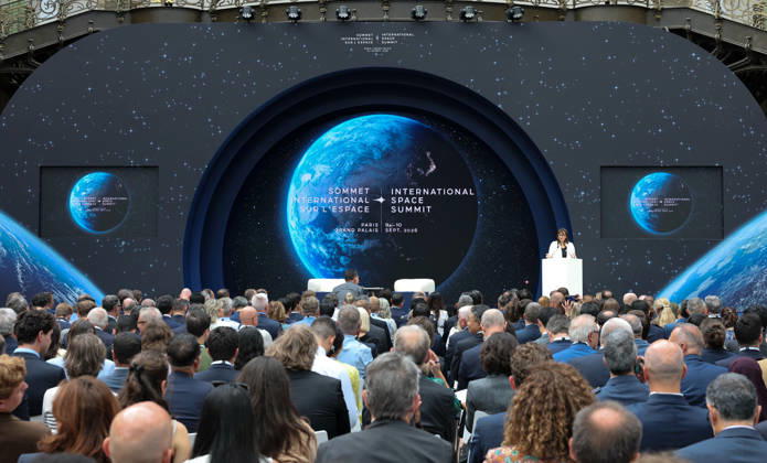(260909) -- PARIS, Sept. 9, 2026 -- This photo taken on Sept. 9, 2026 shows the scene of the International Space Summit at the Grand Palais in Paris, France. The first International Space Summit opened Wednesday in Paris, bringing together heads of state and government, scientists, astronauts and industry representatives. ) FRANCE-PARIS-INTERNATIONAL SPACE SUMMIT WuxHuiwo 