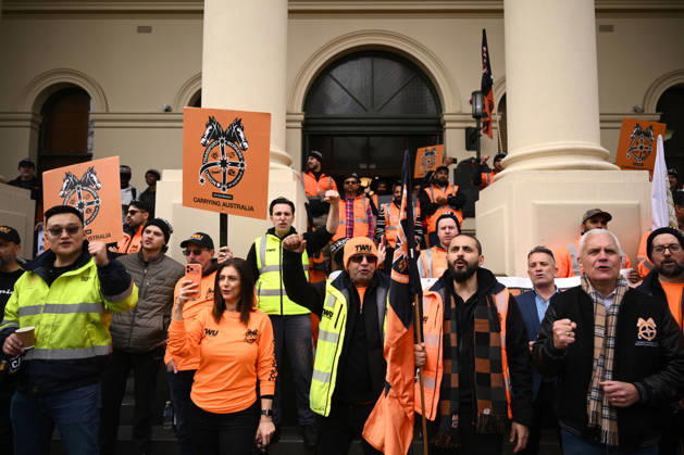 TWU STRIKE MELBOURNE, Transport Workers Union (TWU) members strike at Victorian Trades Hall in Carlton, Melbourne, Thursday, September 10, 2026. Thousands of transport workers start a 24-hour strike for a fight for safe, secure jobs. ( NO ARCHIVING MELBOURNE VICTORIA AUSTRALIA  Copyright: xJOELxCARRETTx 20260910166714121373