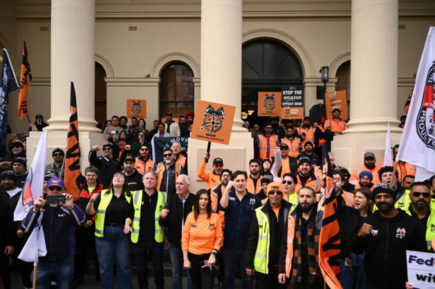 TWU STRIKE MELBOURNE, Transport Workers Union (TWU) members strike at Victorian Trades Hall in Carlton, Melbourne, Thursday, September 10, 2026. Thousands of transport workers start a 24-hour strike for a fight for safe, secure jobs. ( NO ARCHIVING MELBOURNE VICTORIA AUSTRALIA  Copyright: xJOELxCARRETTx 20260910199409806063