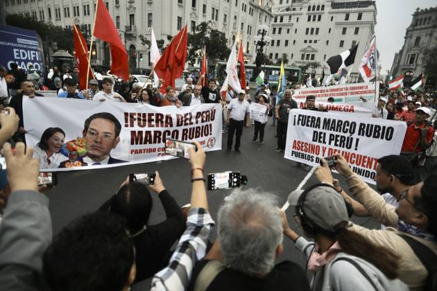 Protest against Marco Rubio’s visit to Lima LIMA, PERU - SEPTEMBER 09, 2026 People participate in a demonstration against the visit of U.S. Secretary of State Marco Rubio on September 9, 2026, in Lima, Peru. The Communist Party of Peru staged a protest against the official visit of U.S. Secretary of State Marco Rubio. The organization accuses him of promoting the blockade against Cuba and of being complicit in conflicts in the Middle East. The demonstration aims to express opposition to United States foreign policy. Klebher Vasquez Anadolu Lima Peru. Editorial use only. Please get in touch for any other usage.  Copyright: x2026xAnadoluxKlebherxVasquezx