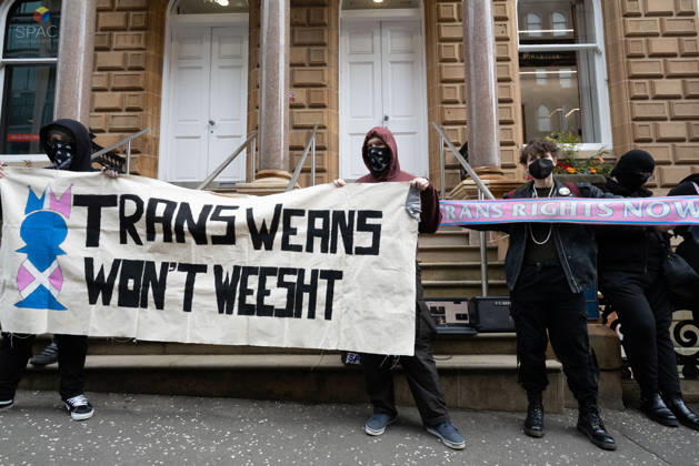 September 10, 2026, Glasgow, Scotland, UK: Transgender rights activists and allies held a protest outside the Glasgow office of the Equality and Human Rights Commission, opposing its ongoing stance, final proposals and guidance concerning the exclusion of transgender people from single-sex spaces and gendered services. Organised by Trans Weans Wont Wheesht, campaigners called on the equalities watchdog to respect trans rights and urged further outreach to local politicians. Glasgow UK - ZUMAs357 20260910_zip_s357_002 Copyright: xCameronxScottx