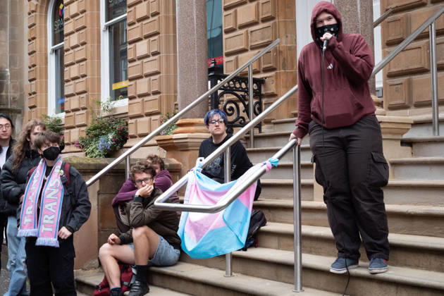 September 10, 2026, Glasgow, Scotland, UK: Transgender rights activists and allies held a protest outside the Glasgow office of the Equality and Human Rights Commission, opposing its ongoing stance, final proposals and guidance concerning the exclusion of transgender people from single-sex spaces and gendered services. Organised by Trans Weans Wont Wheesht, campaigners called on the equalities watchdog to respect trans rights and urged further outreach to local politicians. Glasgow UK - ZUMAs357 20260910_zip_s357_008 Copyright: xCameronxScottx