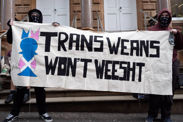 September 10, 2026, Glasgow, Scotland, UK: Transgender rights activists and allies held a protest outside the Glasgow office of the Equality and Human Rights Commission, opposing its ongoing stance, final proposals and guidance concerning the exclusion of transgender people from single-sex spaces and gendered services. Organised by Trans Weans Wont Wheesht, campaigners called on the equalities watchdog to respect trans rights and urged further outreach to local politicians. Glasgow UK  - ZUMAs357 20260910_zip_s357_005 Copyright: xCameronxScottx
