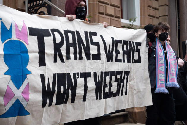 September 10, 2026, Glasgow, Scotland, UK: Transgender rights activists and allies held a protest outside the Glasgow office of the Equality and Human Rights Commission, opposing its ongoing stance, final proposals and guidance concerning the exclusion of transgender people from single-sex spaces and gendered services. Organised by Trans Weans Wont Wheesht, campaigners called on the equalities watchdog to respect trans rights and urged further outreach to local politicians. Glasgow UK  - ZUMAs357 20260910_zip_s357_007 Copyright: xCameronxScottx