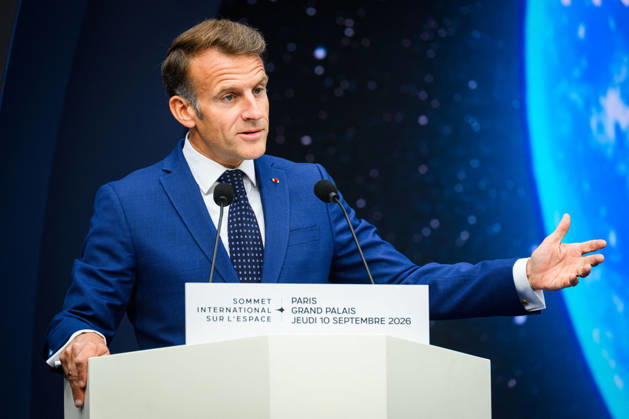 SIE International Space Summit - Paris French President Emmanuel Macron, delivers a speech during the International Space Summit at Grand Palais in Paris, France on September 10, 2026. Photo by Eric Tschaen Pool ABACAPRESS.COM Paris IDF France  Copyright: xTschaenxEric Pool ABACAx