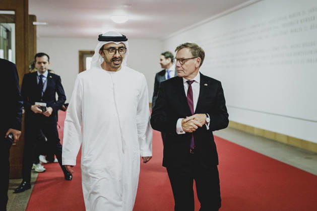 (R-L) Johann Wadephul (CDU), Bundesaussenminister, und Scheich Abdullah bin Zayed Al Nahyan, Aussenminister der Vereinigten Arabischen Emiraten, aufgenommen im Rahmen eines gemeinsamen Treffens in Berlin, 10.09.2026. Fotografiert im Auftrag des Auswaertigen Amtes. Berlin Deutschland Copyright: xFlorianxGaertner AAx
