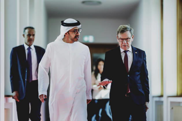 (R-L) Johann Wadephul (CDU), Bundesaussenminister, und Scheich Abdullah bin Zayed Al Nahyan, Aussenminister der Vereinigten Arabischen Emiraten, aufgenommen im Rahmen eines gemeinsamen Treffens in Berlin, 10.09.2026. Fotografiert im Auftrag des Auswaertigen Amtes. Berlin Deutschland Copyright: xFlorianxGaertner AAx