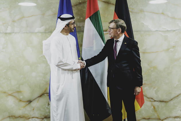 (R-L) Johann Wadephul (CDU), Bundesaussenminister, und Scheich Abdullah bin Zayed Al Nahyan, Aussenminister der Vereinigten Arabischen Emiraten, aufgenommen im Rahmen eines gemeinsamen Treffens in Berlin, 10.09.2026. Fotografiert im Auftrag des Auswaertigen Amtes. Berlin Deutschland Copyright: xFlorianxGaertner AAx