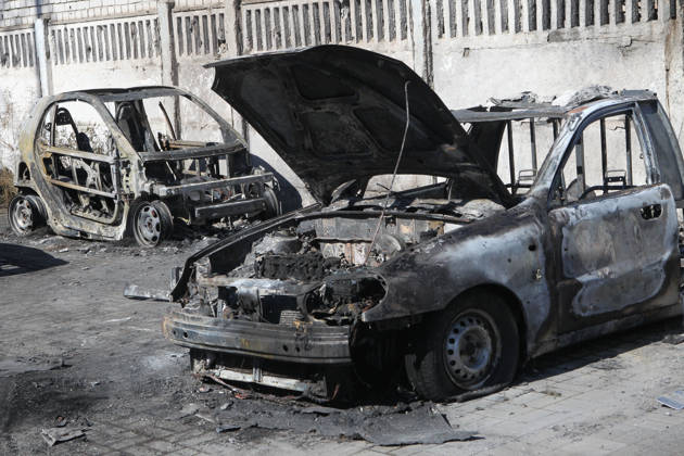 Burnt-out cars are in the street after a Russian Banderol cruise missile attack, Dnipro, Ukraine, September 10, 2026. Russian forces launched a double strike on the city with S8000 Banderol missiles, damaging a food industry facility. A fire broke out near the site, destroying 12 passenger cars and two minibuses. Two people were killed and at least five injured in the attack. (Photo by Mykola Miakshykov Ukrinform) Aftermath of Russian attack on Dnipro on September 10, 2026  Copyright: xMykolaxMiakshykovx