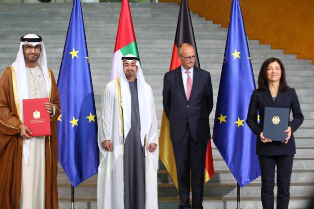 Berlin, Deutschland, 10.09.2026: Bundeskanzleramt: Staatsbesuch S.H. des Präsidenten der Vereinigten Arabischen Emirate: L-R: VAE-Industrieminister Sultan bin Ahmad Sultan Al Jaber, Scheich Muhammad bin Zayid Al Nahyan, Bundeskanzler Friedrich Merz und Wirtschaftsministerin Katherina Reiche Copyright: xdtsxNachrichtenagenturx dts_134023