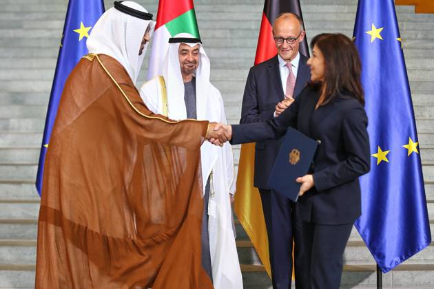 Berlin, Deutschland, 10.09.2026: Bundeskanzleramt: Staatsbesuch S.H. des Präsidenten der Vereinigten Arabischen Emirate: L-R: VAE-Industrieminister Sultan bin Ahmad Sultan Al Jaber, Scheich Muhammad bin Zayid Al Nahyan, Bundeskanzler Friedrich Merz und Wirtschaftsministerin Katherina Reiche Copyright: xdtsxNachrichtenagenturx dts_134025