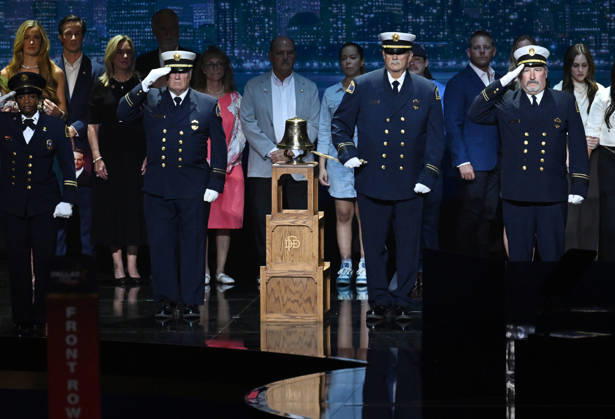 A bell is rung as victims of the September 11 attacks are remembered in a ceremony during the second day of the Republican midterm convention at American Airlines Center in Dallas, Texas, on Thursday, September 10, 2026.  DAL20260910887 IANxHALPERIN