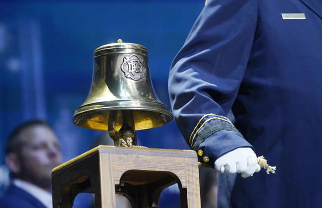 A bell is rung to commemorate victims of the September 11 attacks during the second day of the Republican midterm convention at American Airlines Center in Dallas, Texas, on Thursday, September 10, 2026.  DAL20260910896 BONNIExCASH