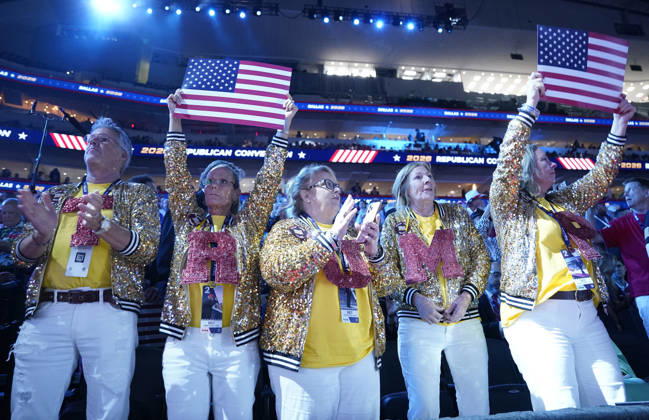 A group of delegates wear jackets spelling out TRUMP during the second day of the Republican midterm convention at American Airlines Center in Dallas, Texas, on Thursday, September 10, 2026.  DAL20260910897 BONNIExCASH