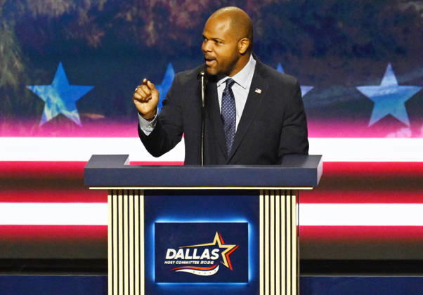 Mayor of Dallas Eric Johnson speaks during the second day of the Republican midterm convention at American Airlines Center in Dallas, Texas, on Thursday, September 10, 2026.  DAL20260910902 IANxHALPERIN