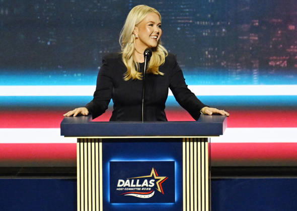 Former White House Press Secretary Karoline Leavitt speaks during the second day of the Republican midterm convention at American Airlines Center in Dallas, Texas, on Thursday, September 10, 2026.  DAL20260910904 IANxHALPERIN