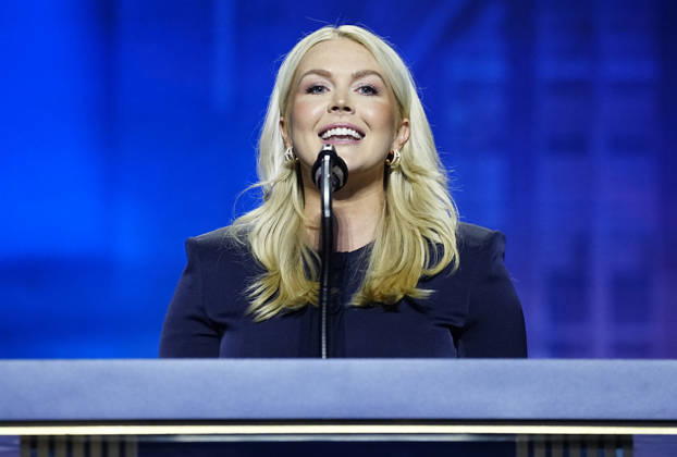Former White House Press Secretary Karoline Leavitt speaks during the second day of the Republican midterm convention at American Airlines Center in Dallas, Texas, on Thursday, September 10, 2026.  DAL20260910905 BONNIExCASH
